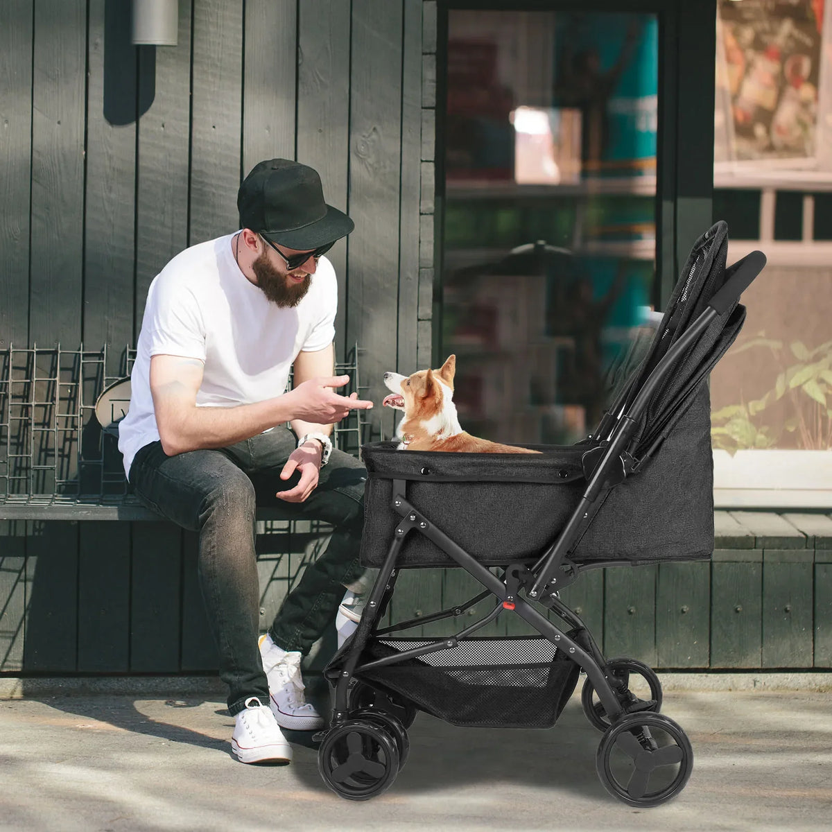 Dog Stroller, Pet Stroller for Medium Dogs Cats, with Dog Poop Bags, Reversible Handlebar, Tethers, Storage Basket and Pouch