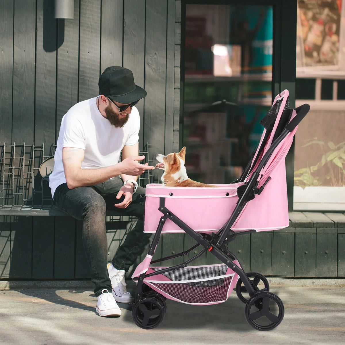 Dog Stroller, Pet Stroller for Medium Dogs Cats, with Dog Poop Bags, Reversible Handlebar, Tethers, Storage Basket and Pouch