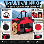 Pet Life ® 'Deluxe 360° Vista View' Zippered Soft Folding Collapsible Metal Framed Pet Dog Crate House Carrier w/ Removable Bowl and Pop-out Tray